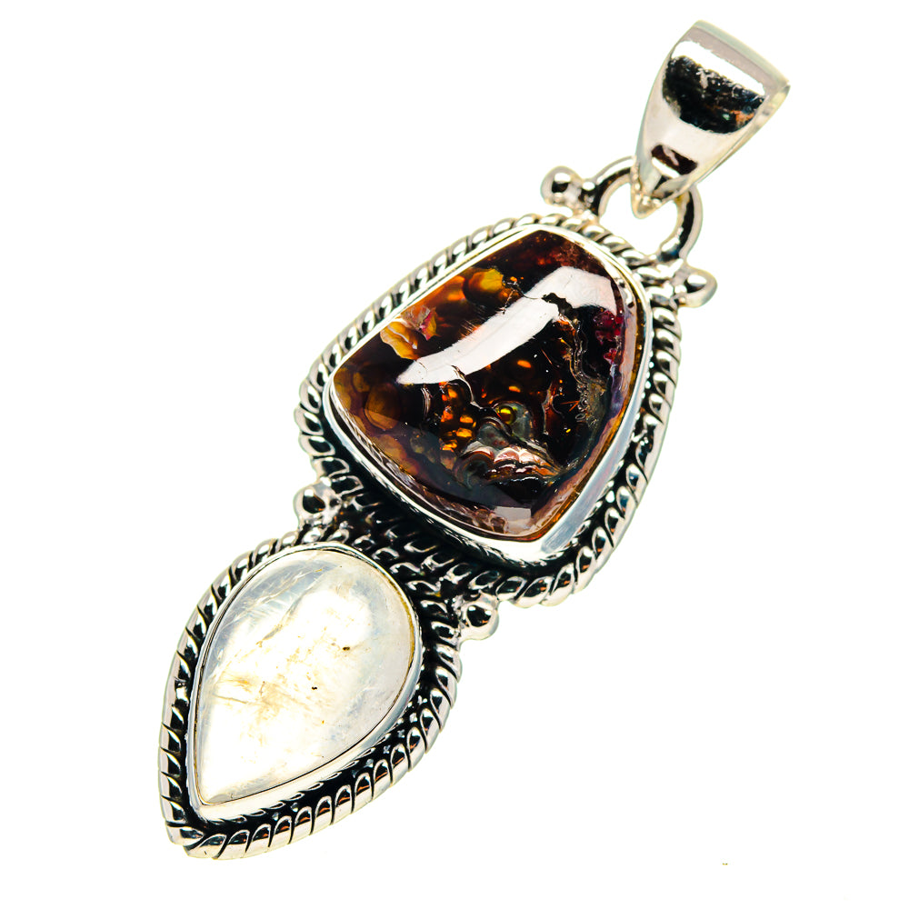 Sterling silver double-oval gemstone pendant with dark amber fire agate and white moonstone