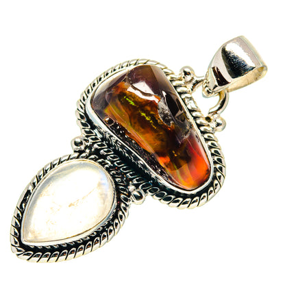 Sterling silver pendant with oval fire agate and teardrop moonstone, silver bail