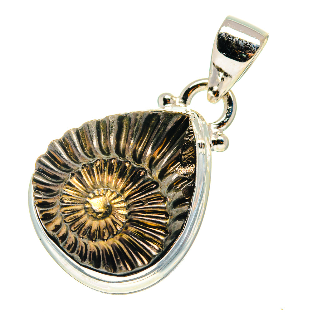 Pyrite fossil pendant with teardrop frame, textured gold center, sterling silver bail
