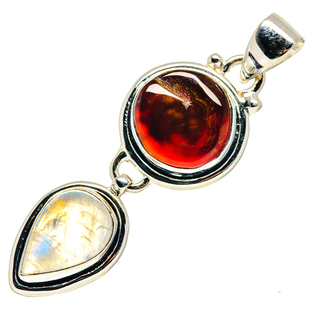 925 sterling silver pendant with round amber fire agate and iridescent opal moonstone