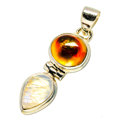 Iridescent orange fire agate and opalescent moonstone teardrop pendant, gold-tone bezel bail