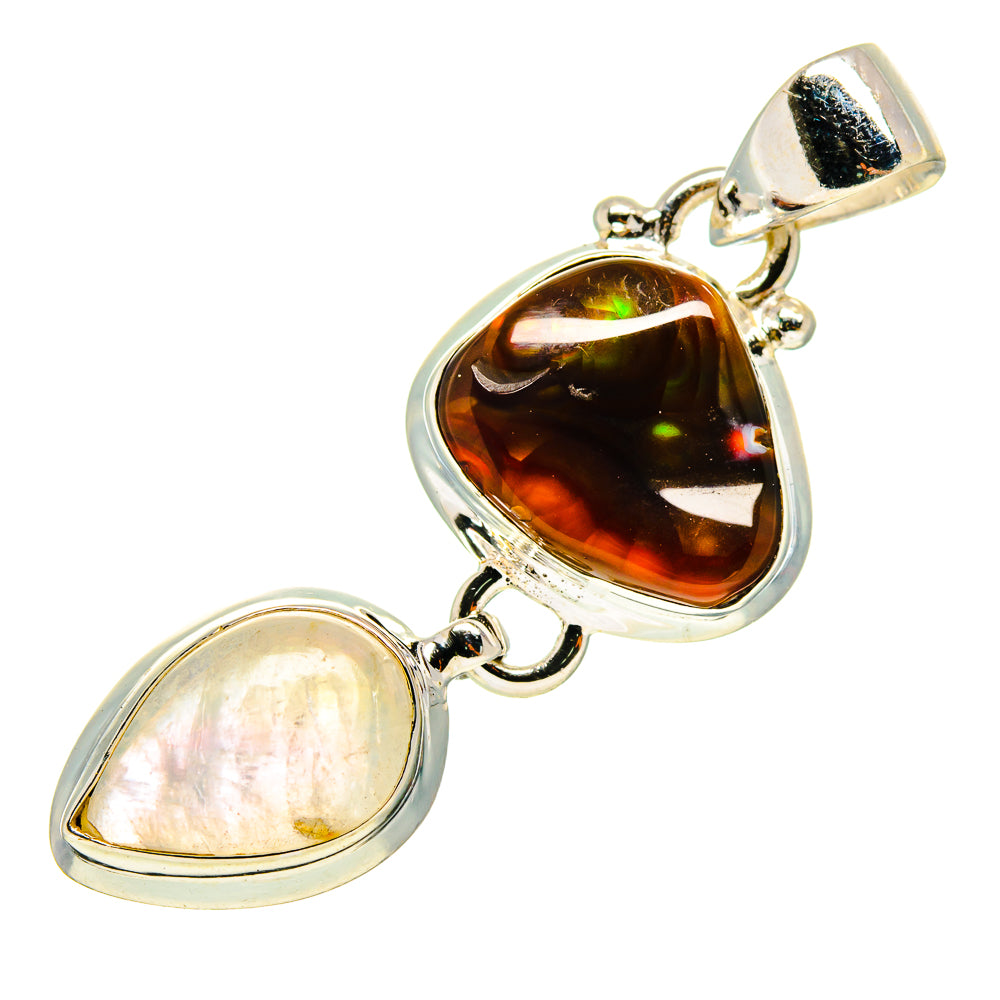 925 sterling silver pendant with translucent amber cabochon and pale opal teardrop