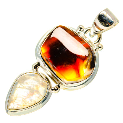 925 sterling silver pendant with oval amber fire agate and teardrop rainbow moonstone