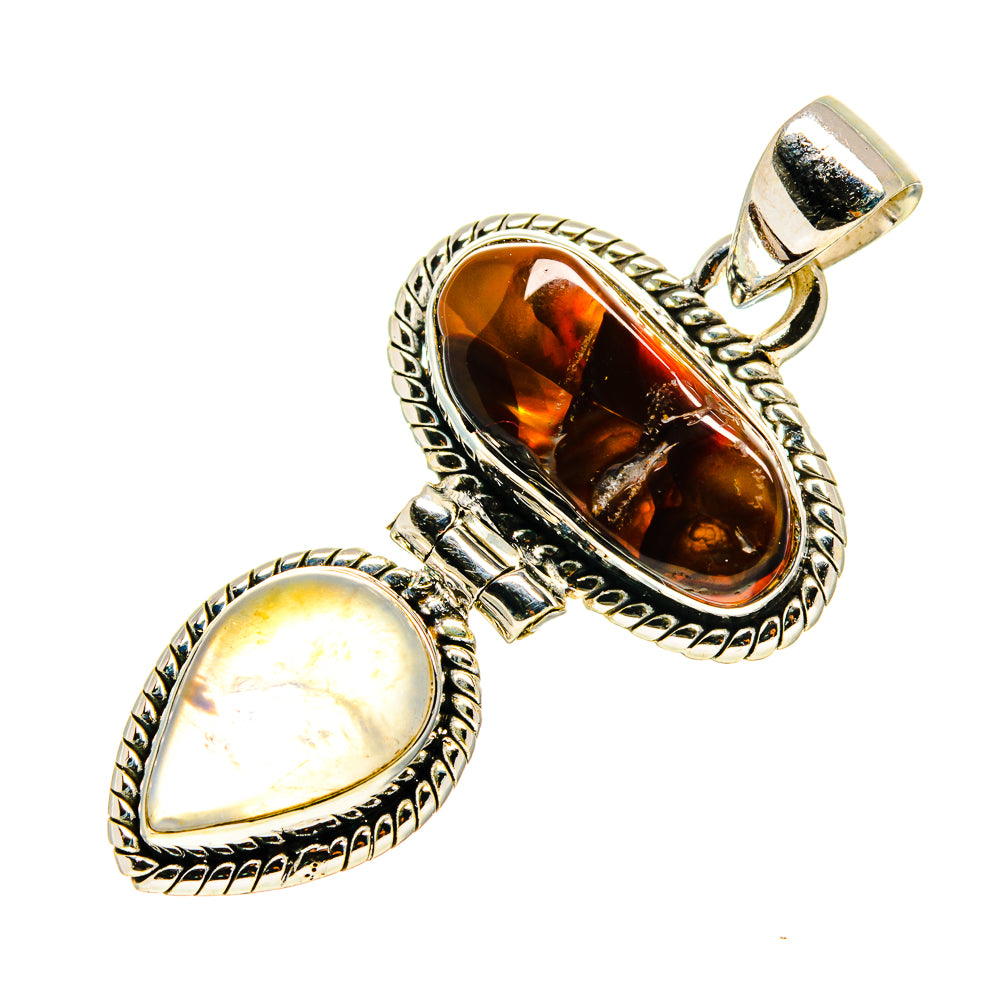 Sterling silver double oval pendant with amber fire agate, white rainbow moonstone, hinged bail