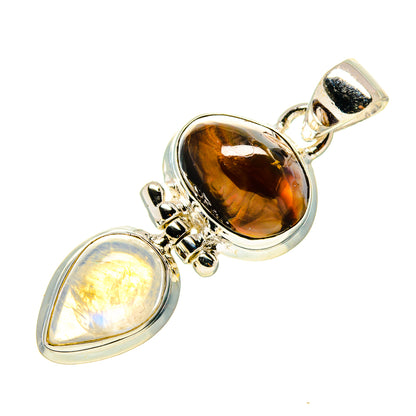 Sterling silver pendant with amber and iridescent teardrop gemstones, polished bezel