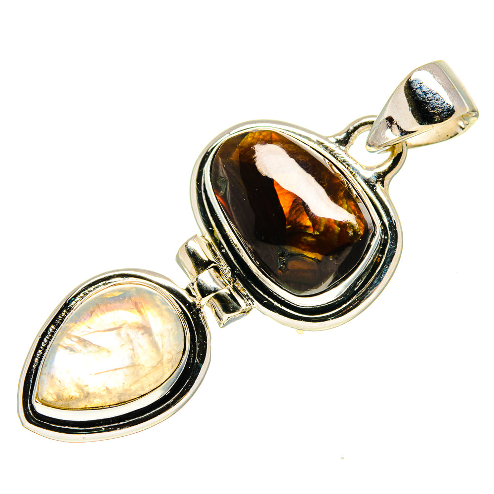Sterling silver pendant with top bail and amber fire agate plus iridescent moonstone