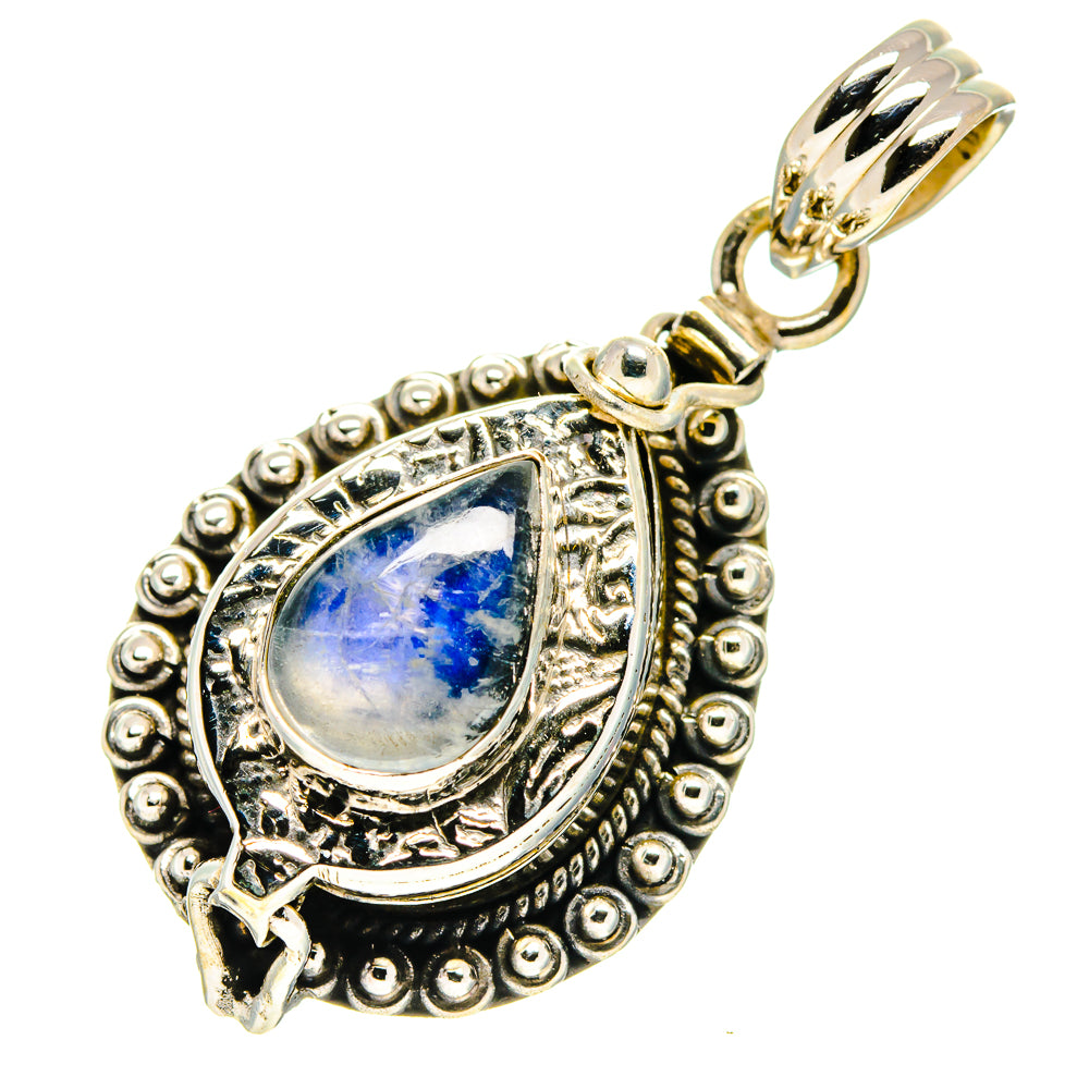Sterling silver teardrop pendant with blue moonstone and engraved frame, side view
