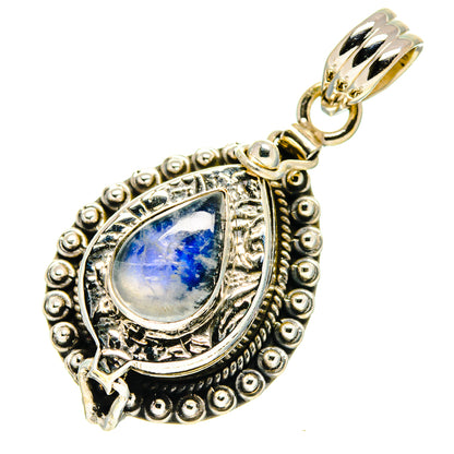 Sterling silver teardrop pendant with blue moonstone and engraved frame, side view