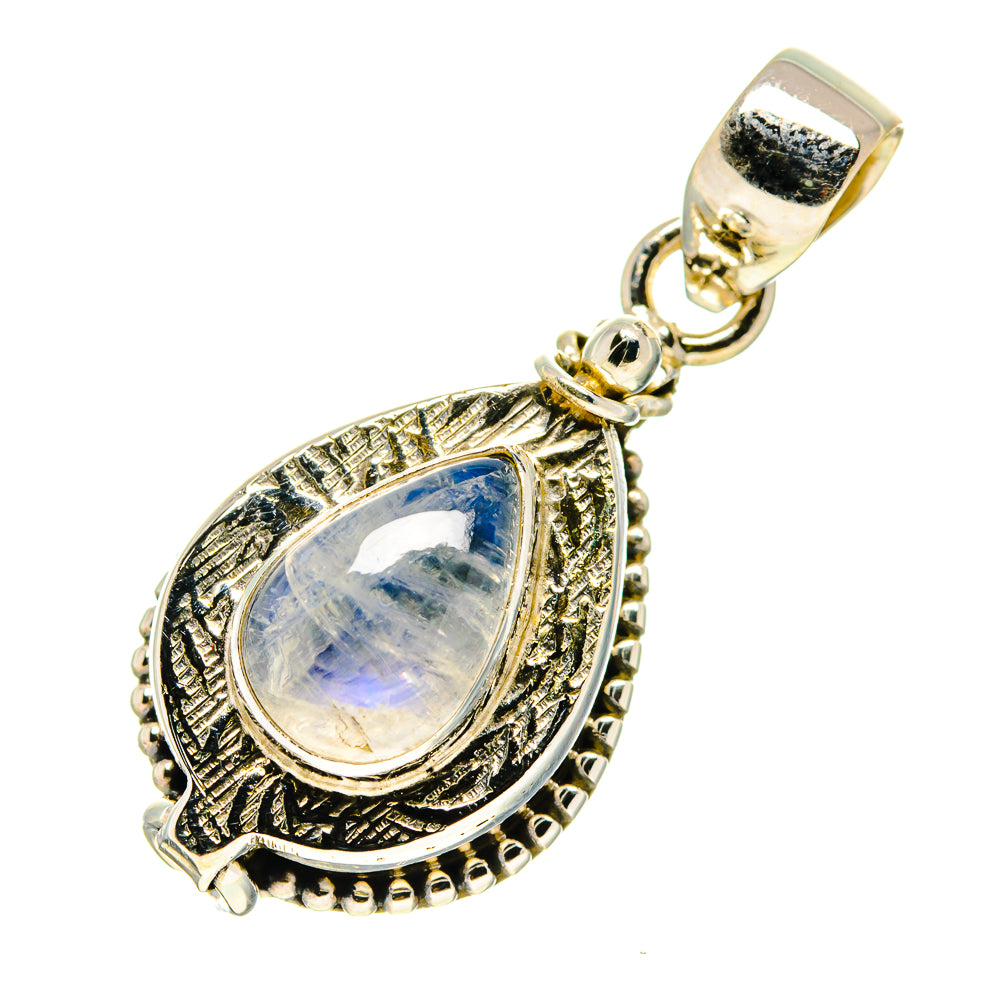 Rainbow moonstone poison pendant, gold-tone 925 sterling silver with teardrop cabochon