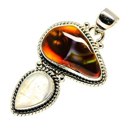 925 sterling silver pendant with large teardrop fire agate and pale rainbow moonstone