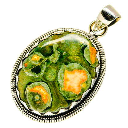 Rainforest jasper cabochon pendant with ornate silver border and bail, green with orange