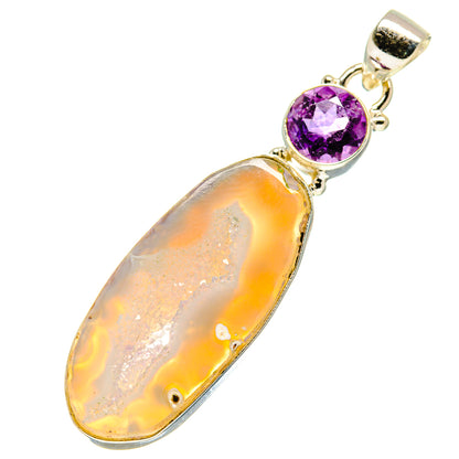 925 sterling silver pendant with round amethyst and elongated geode slice drop
