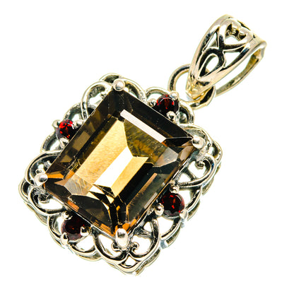 Sterling silver pendant bail with dark cushion smoky quartz, ornate scroll setting and red stones