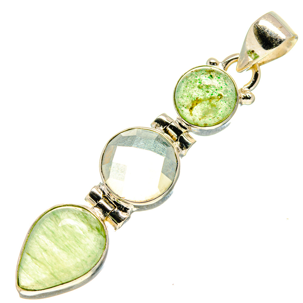 925 sterling silver prehnite and quartz pendant, round and teardrop green stones
