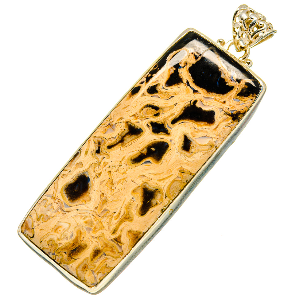 Rectangular jasper pendant with black and gold pattern in silver bezel and bail
