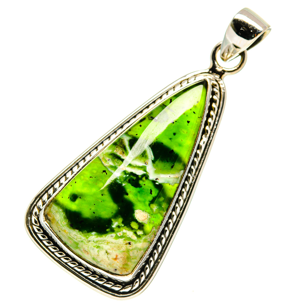 Green opal teardrop pendant in 925 sterling silver bezel, bail on top