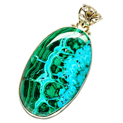 Oval malachite-chrysocolla pendant on silver chain, green and turquoise stone profile
