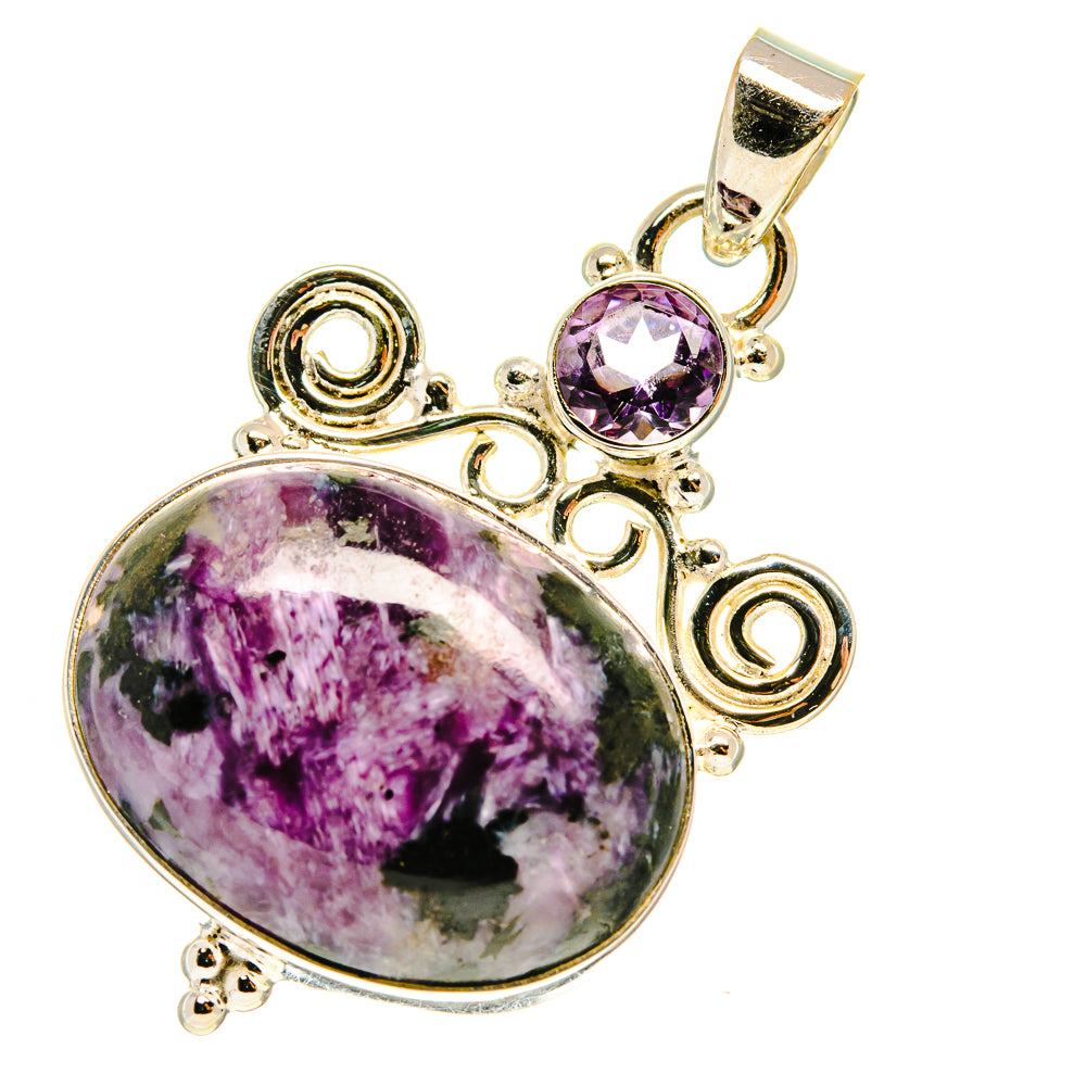 Charoite and amethyst pendant in 925 sterling silver, ornate swirl setting with oval stone