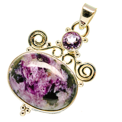 Charoite and amethyst pendant in 925 sterling silver, ornate swirl setting with oval stone