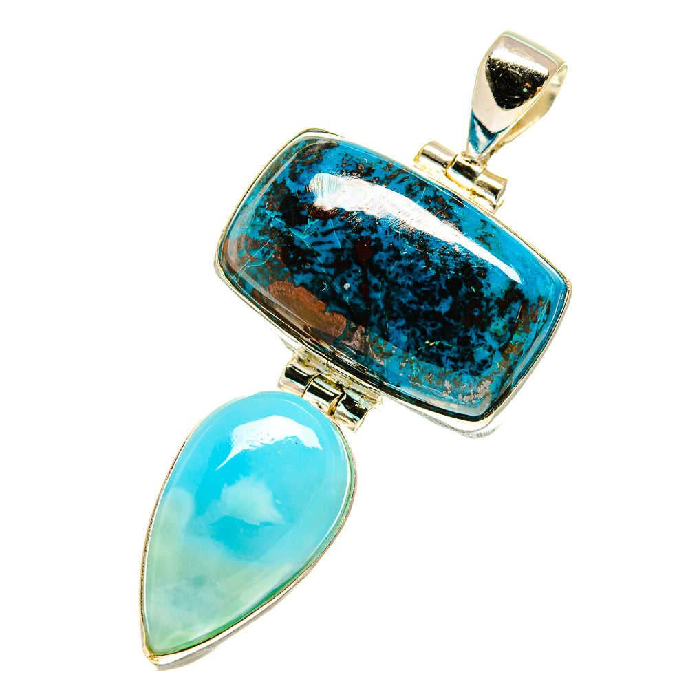 Sterling silver pendant, blue rectangle shattuckite with light blue teardrop larimar