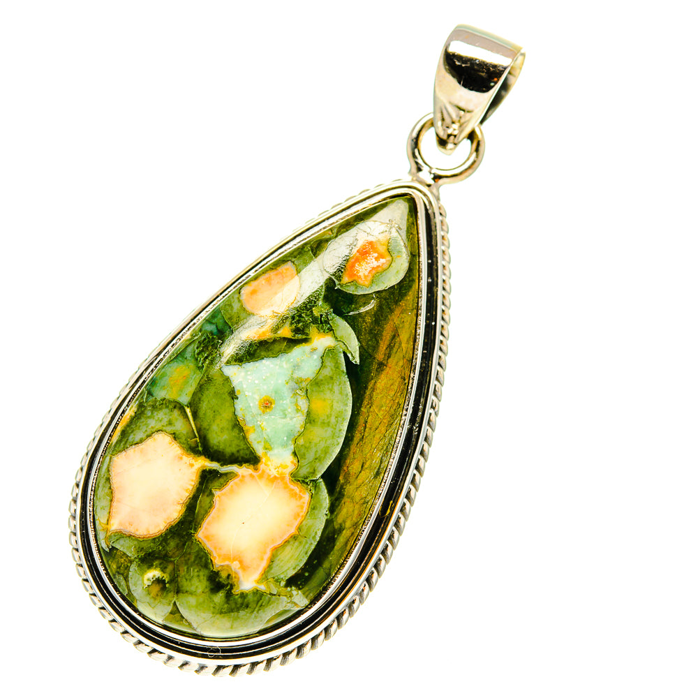 Teardrop opal pendant in 925 sterling silver, green stone with orange veining, bail top