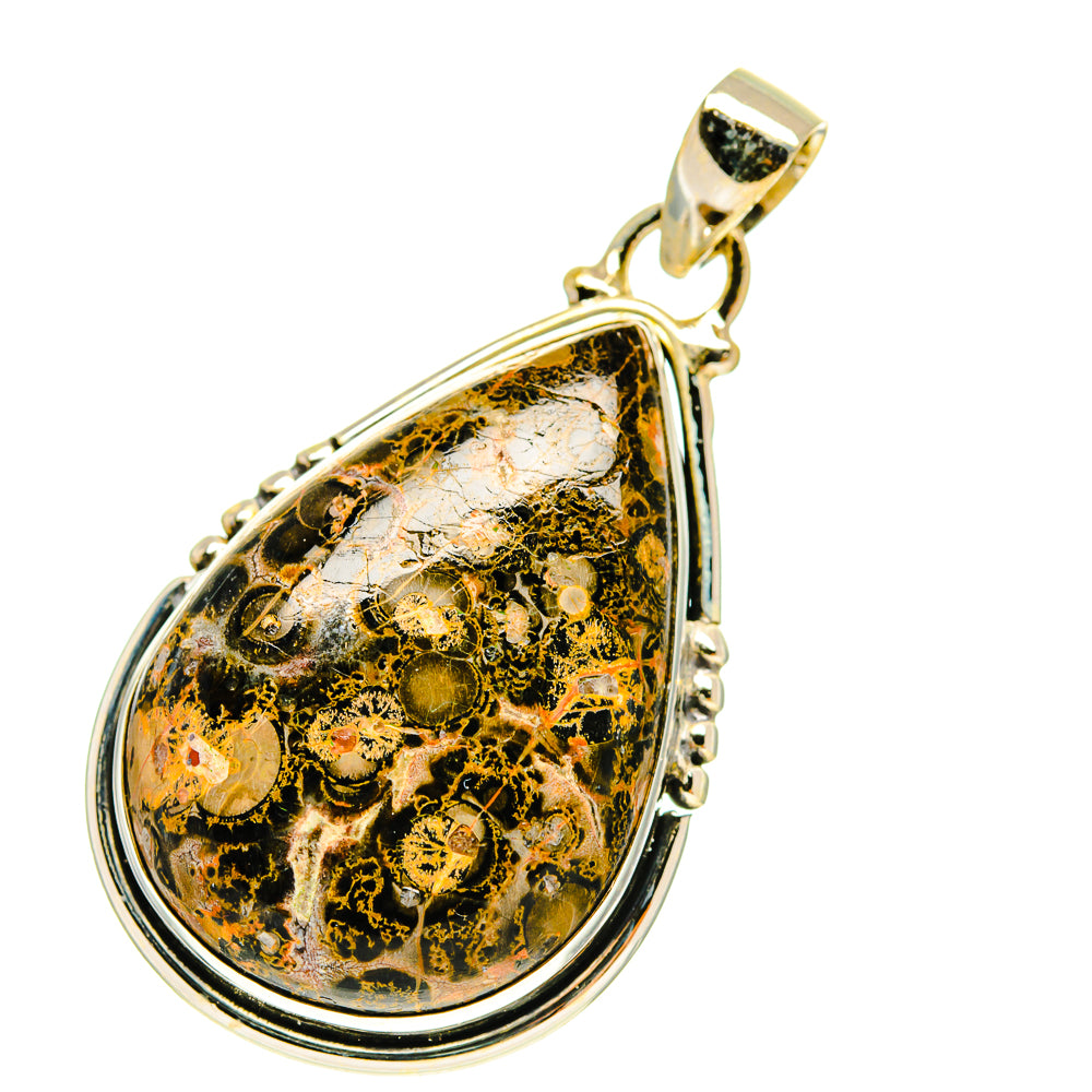 Teardrop poppy jasper pendant with 925 sterling silver bezel and bail, speckled black and gold.