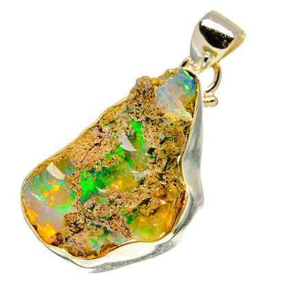 Rough Ethiopian opal pendant in 925 sterling silver, teardrop rough multi-color stone