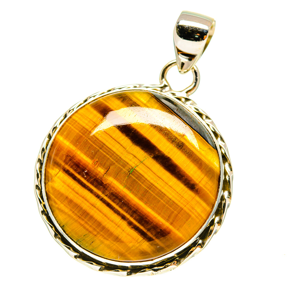 Tiger eye pendant with oval gold-tone tiger stripe stone, oval silver bezel and bail