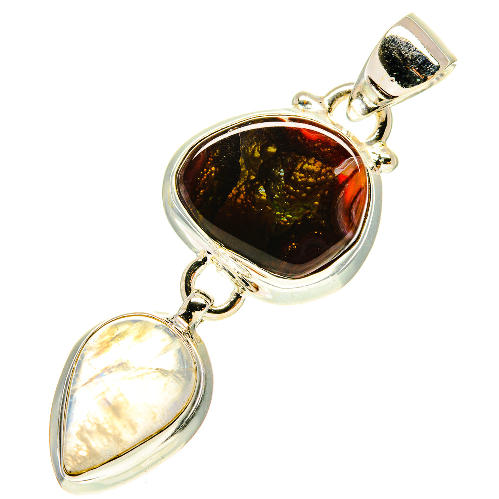 Sterling silver pendant with oval dark fire agate and pearly moonstone teardrop stones