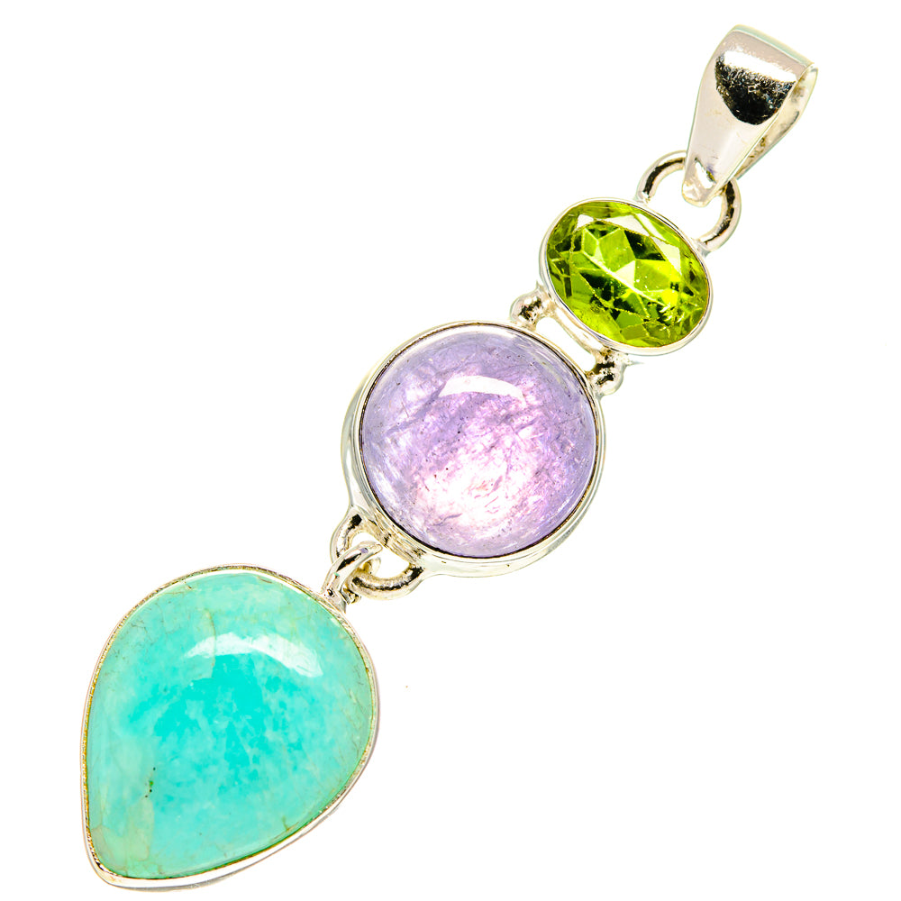 Oval gemstone pendant in 925 sterling silver with teal, purple, and green stones