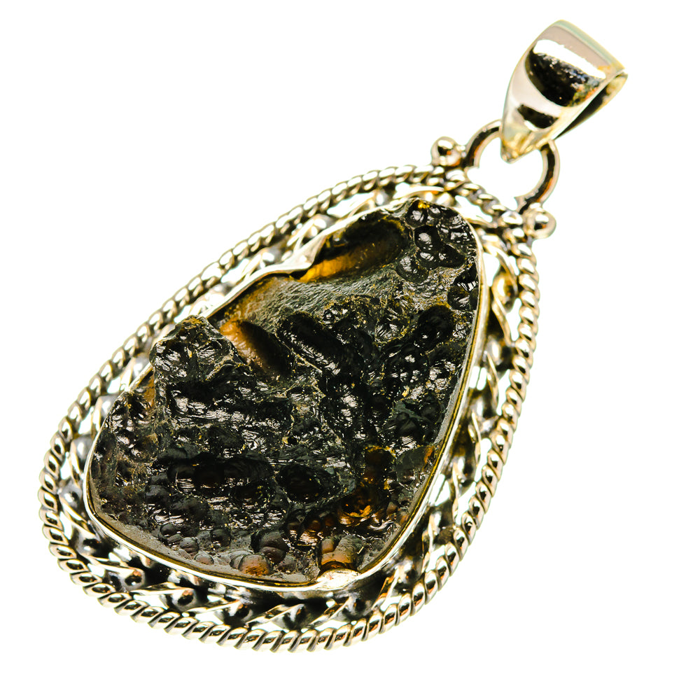 Tektite pendant in 925 sterling silver with dark teardrop stone, rope edge and loop top