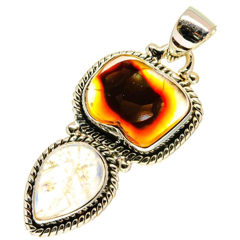 Sterling silver pendant with orange fire agate and white rainbow moonstone in oval settings