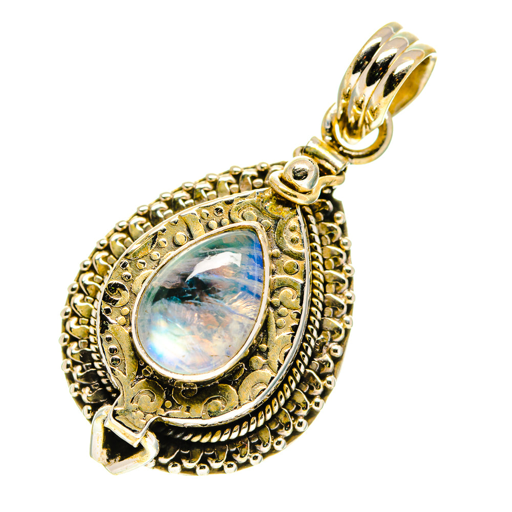 Teardrop moonstone pendant with ornate gold-tone frame, iridescent cabochon