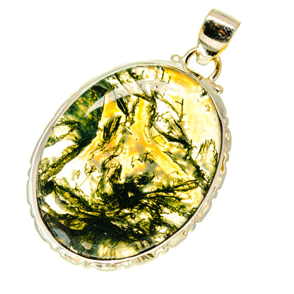 Green moss agate pendant in 925 sterling silver bezel, oval cabochon