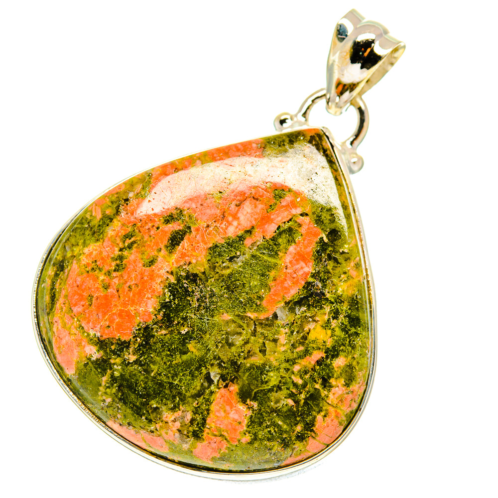 Teardrop unakite pendant with green-orange mottled stone and sterling silver bail