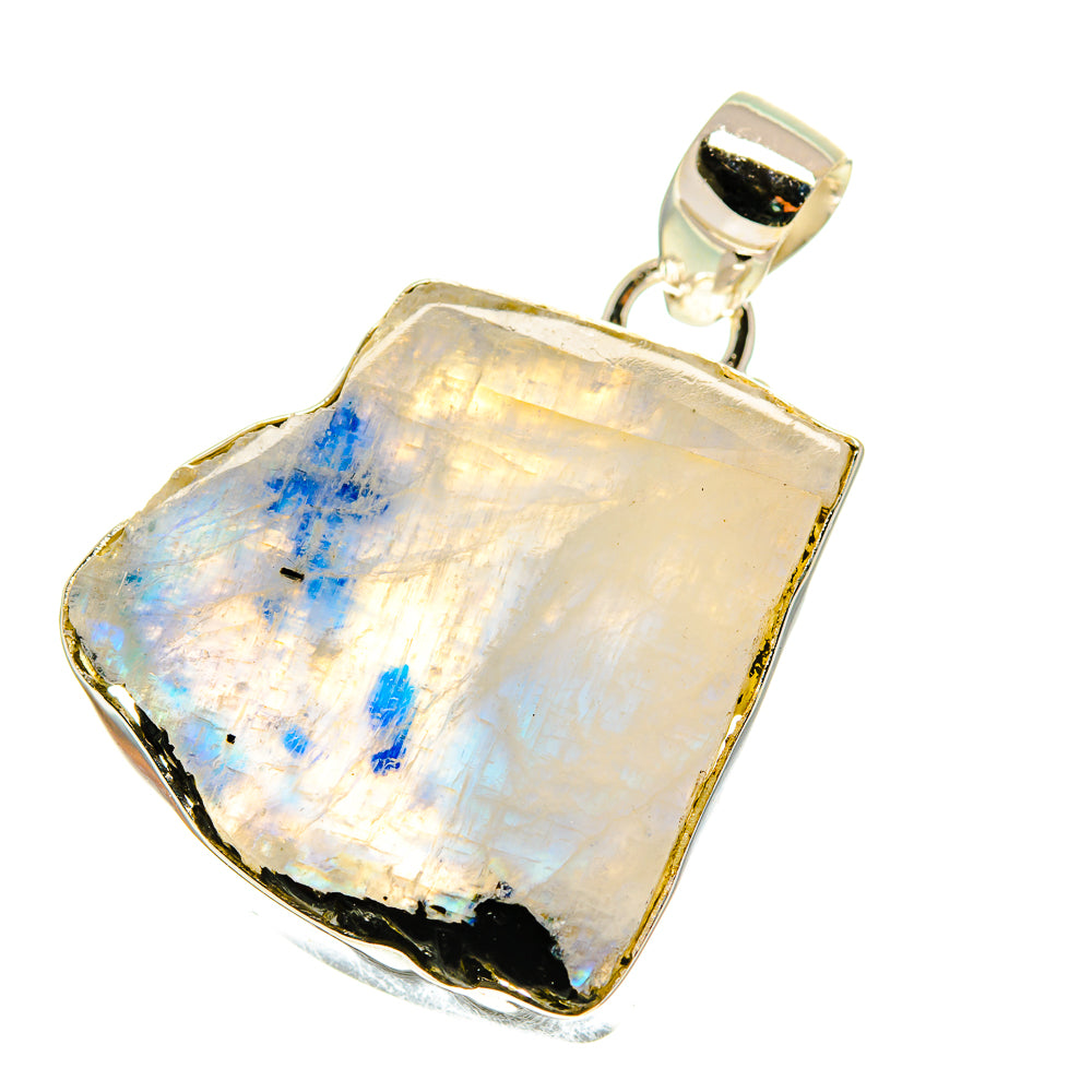 Sterling silver moonstone pendant with rough iridescent rectangular stone and loop bail