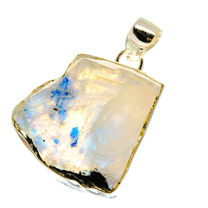 Sterling silver moonstone pendant with rough iridescent rectangular stone and loop bail