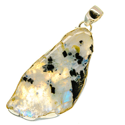 Rough moonstone pendant in sterling silver, faceted teardrop with black speckles
