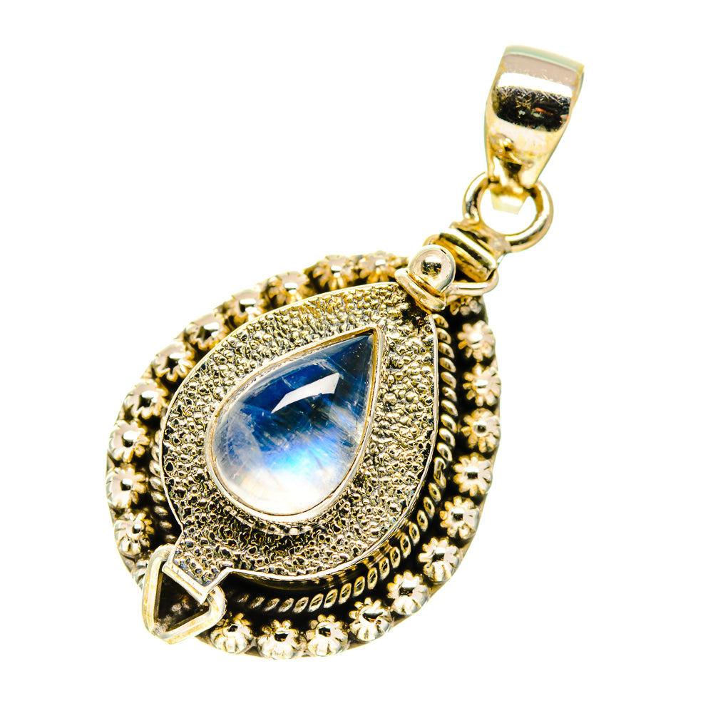 Moonstone teardrop poison pendant in gold-tone with ornate beaded halo and bail