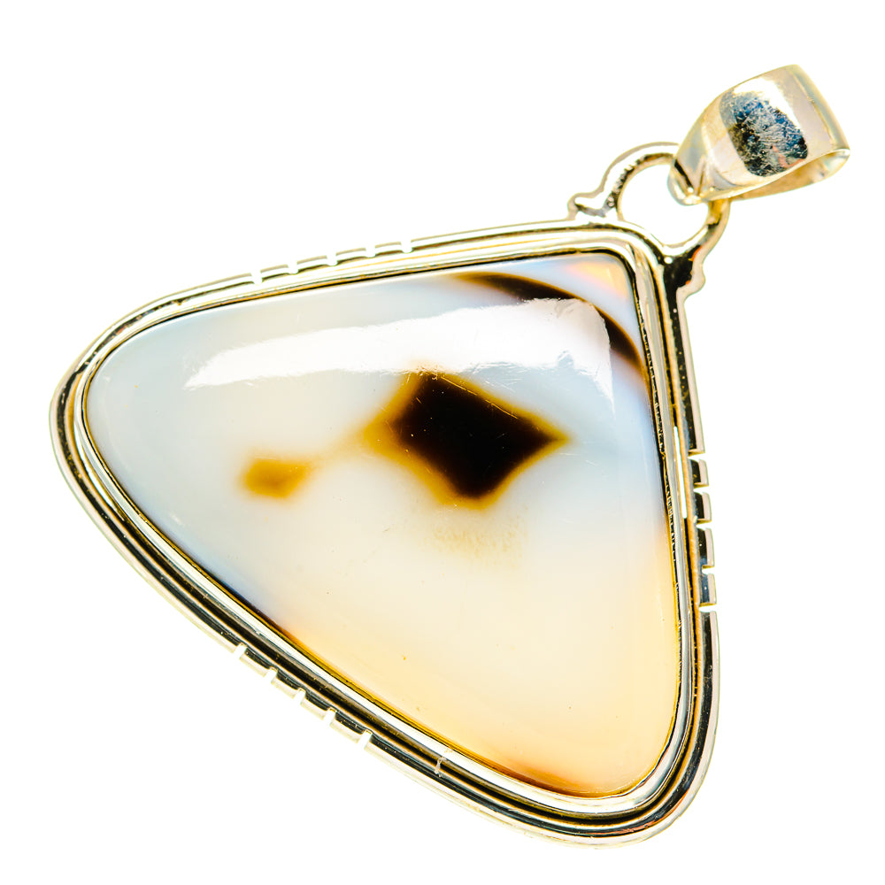 Triangular agate pendant with white, dark and tan stone in sterling silver setting