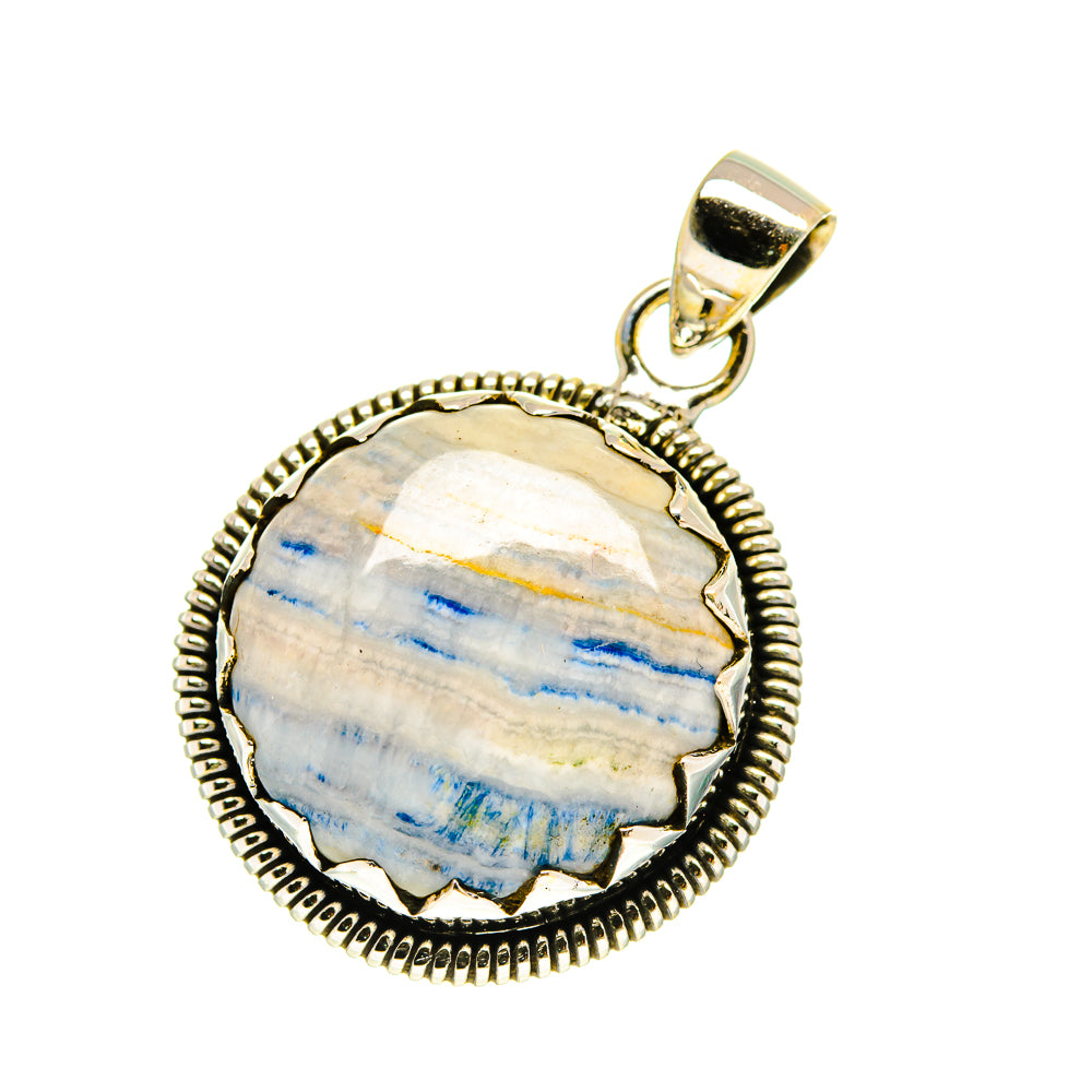 Blue scheelite pendant in round sterling silver bezel with loop bail and gemstone