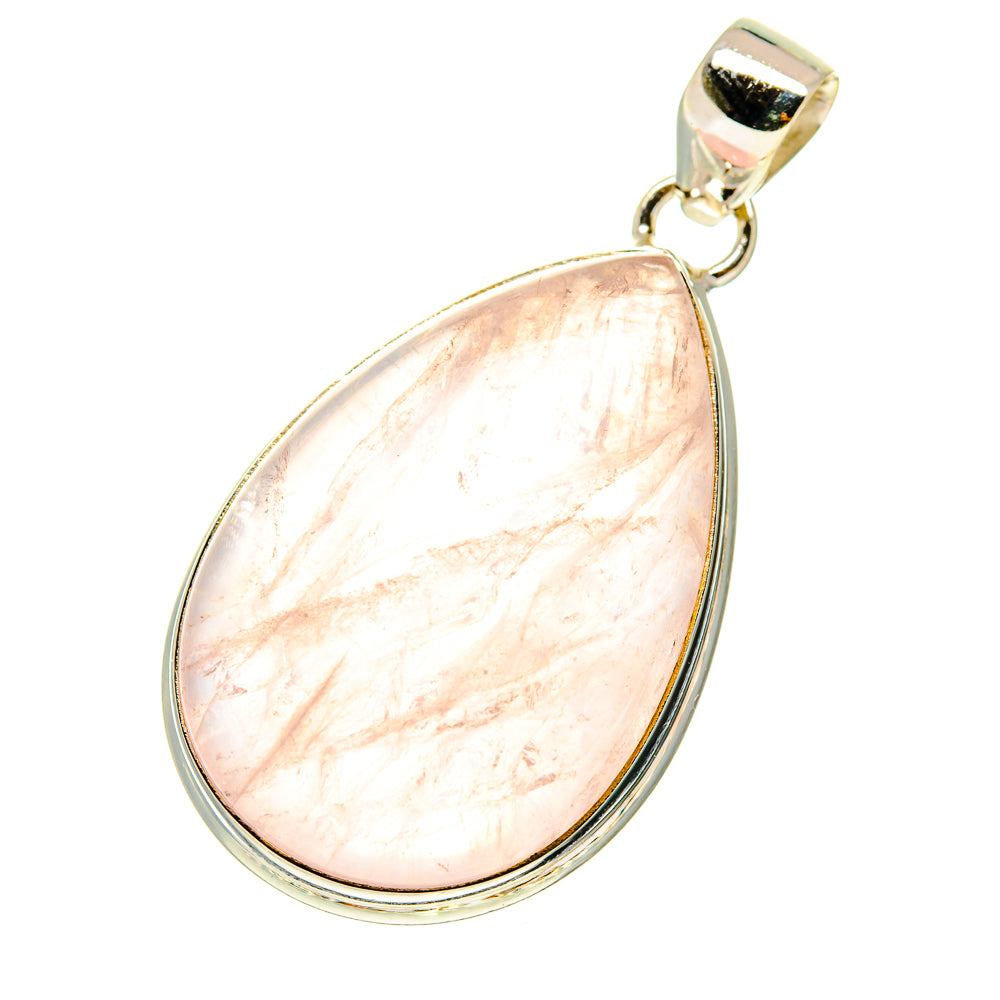 Pear-shaped rose quartz pendant with polished 925 sterling silver frame and bail