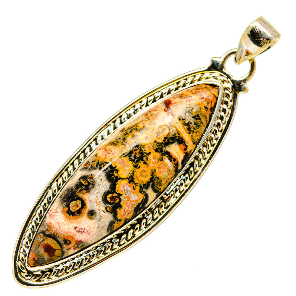 Oval poppy jasper pendant in 925 sterling silver with ornate border setting