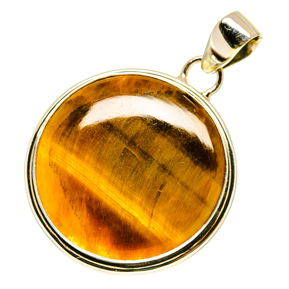 Round tiger eye pendant with sterling silver bezel and bail, amber gold stone