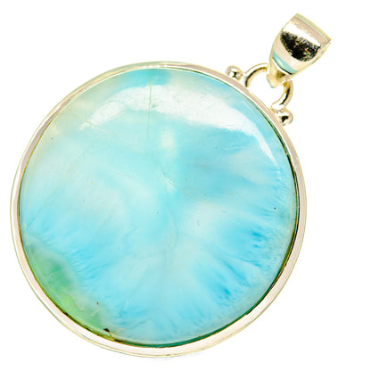 Round larimar pendant, 925 sterling silver bezel, light blue cabochon and bail
