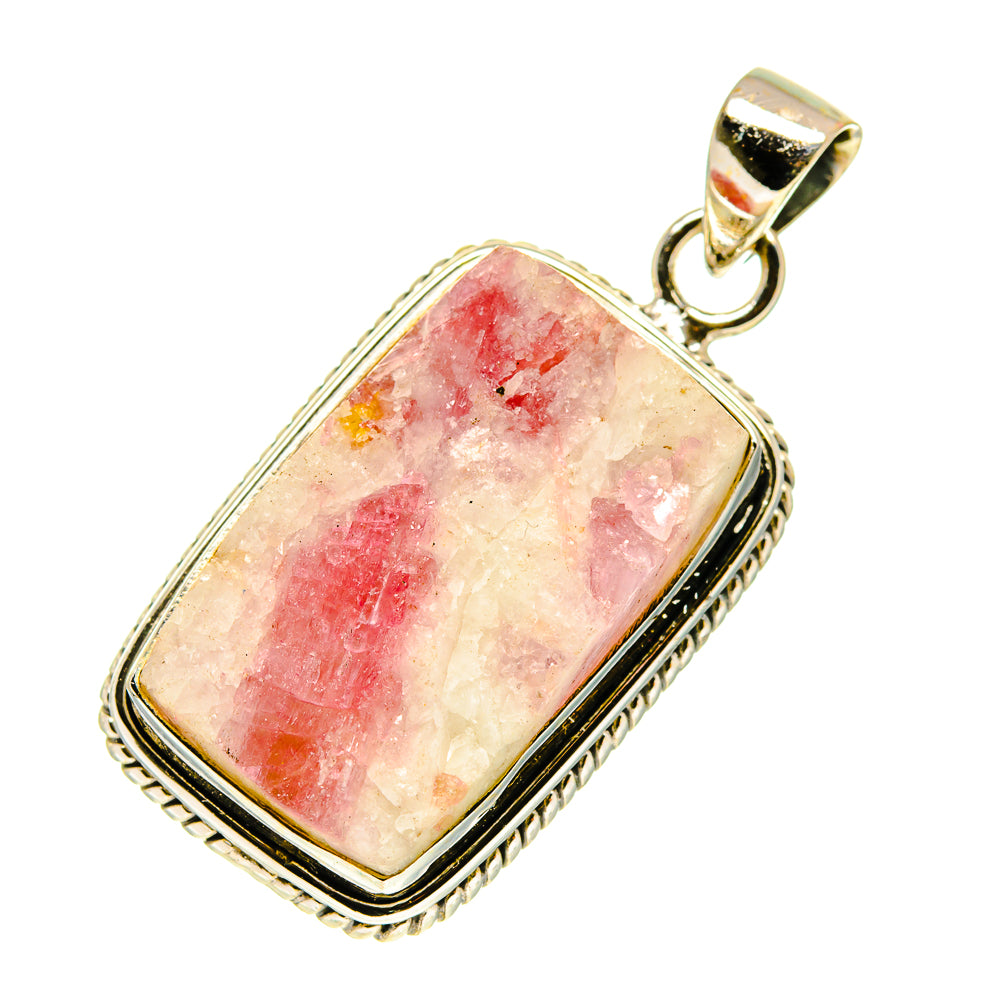 Rectangular pink tourmaline-in-quartz pendant with textured sterling silver border and bail