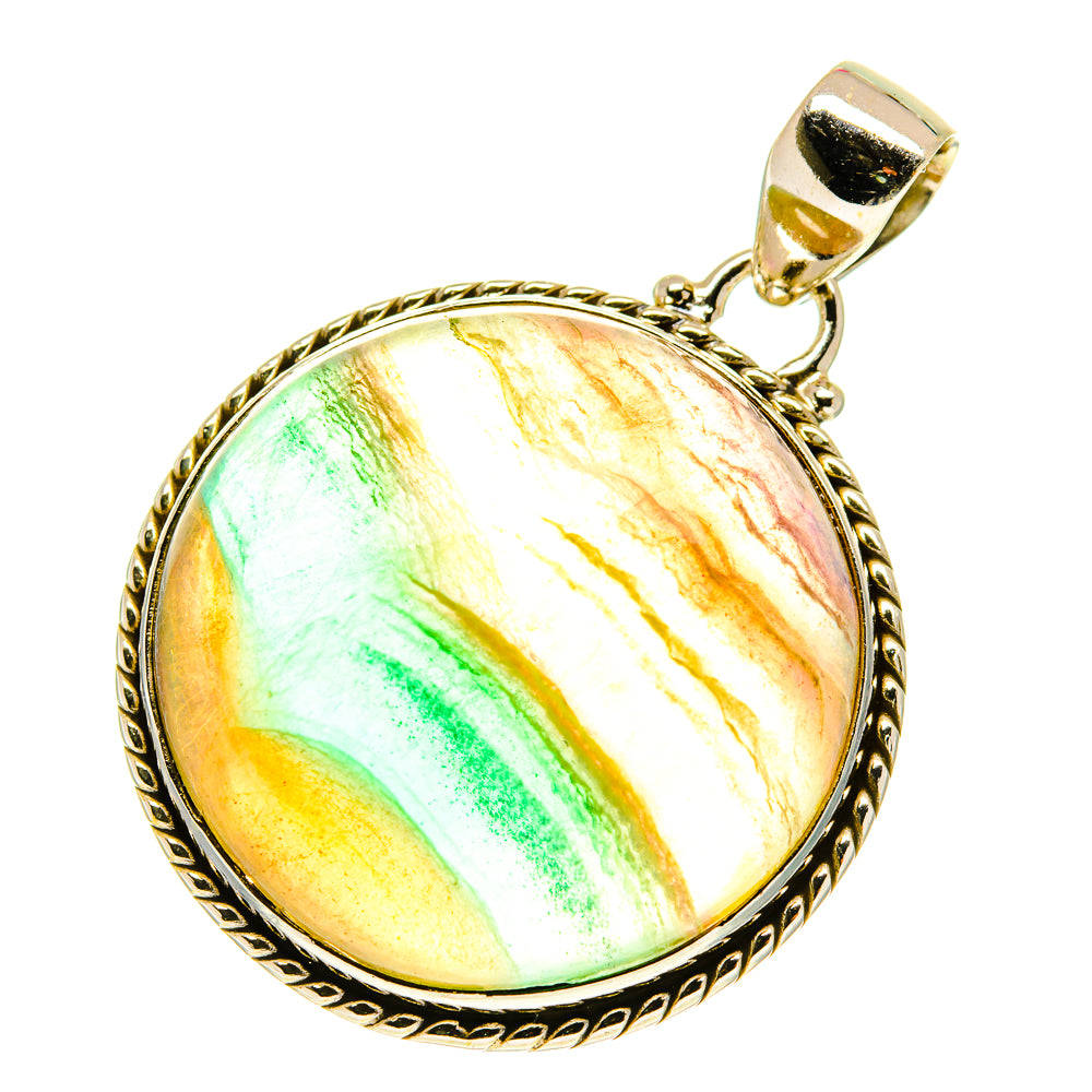 Fluorite pendant in 925 sterling silver, round cabochon with green and gold bands