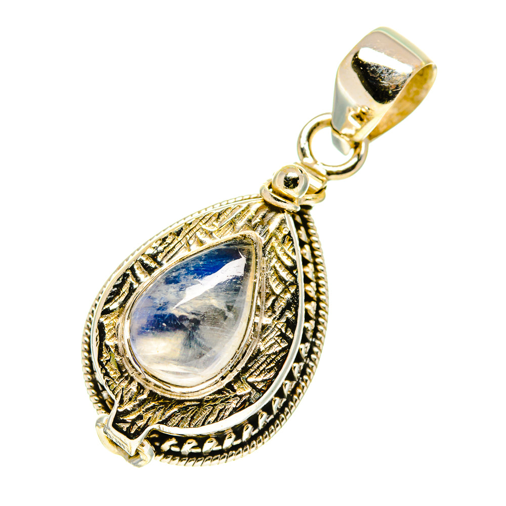 Teardrop moonstone pendant in 925 sterling silver, ornate frame, blue flash stone