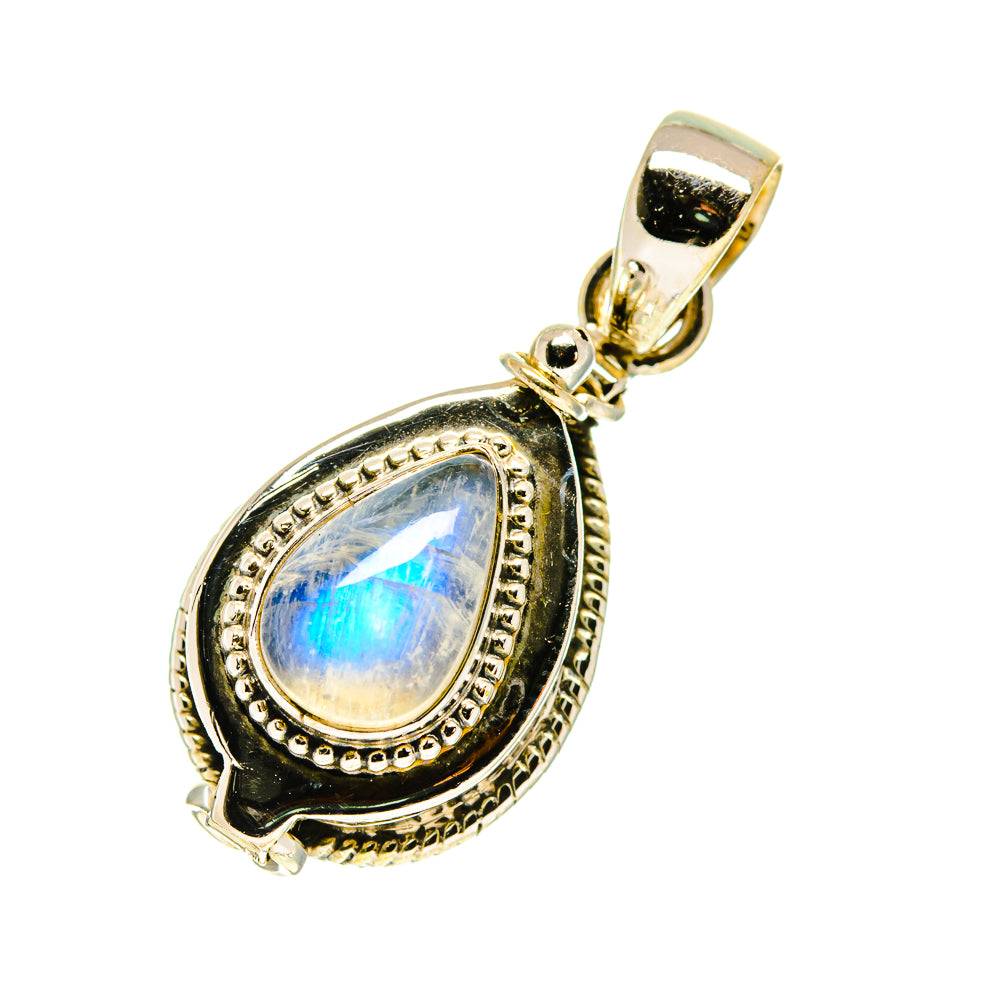 Teardrop moonstone pendant in 925 sterling silver, rainbow iridescent center and bail