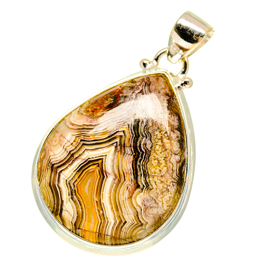 Lace agate teardrop pendant with swirling banded stone and 925 sterling silver frame.